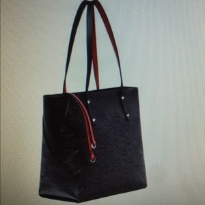MCM Klara Monogrammed Leather Tote, Black w/red